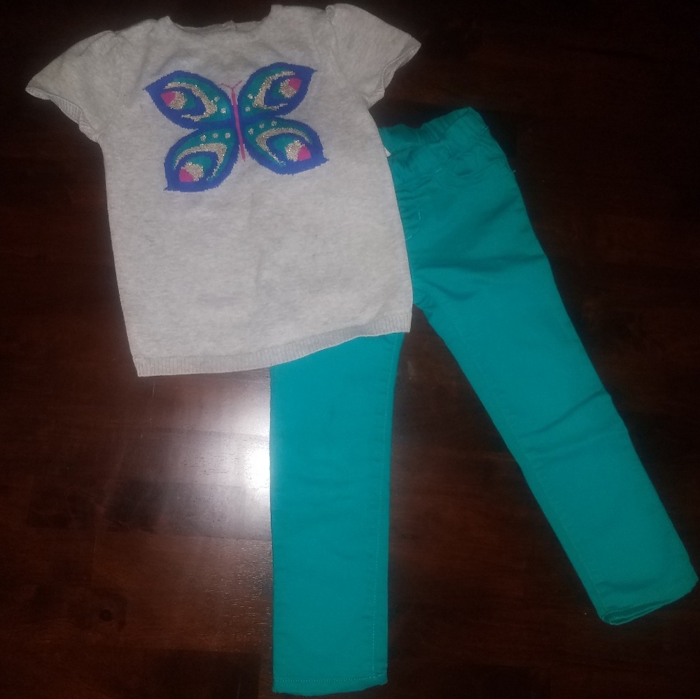 Crazy 8 butterfly sweater and teal pants